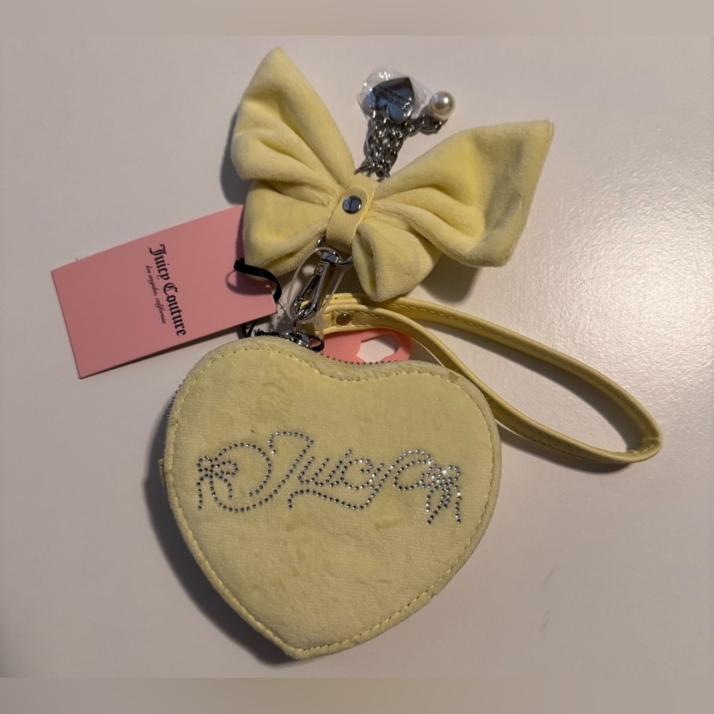 Juicy Couture Pale Yellow Heart Coin Pouch Keychain with Bow Charm